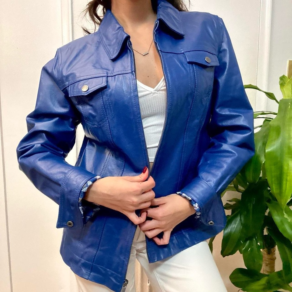 Blue Genuine Leather Jacket By GUILLAUME Size Medium